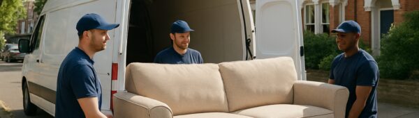Movers loading sofa into van on leafy Barnet street for furniture removal