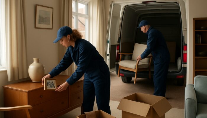 Dagenham experts sorting furniture and mementos during probate house clearance in a British home.