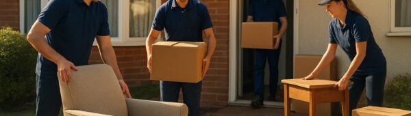 Dagenham experts clearing furniture from sunlit probate house with neatly stacked boxes.