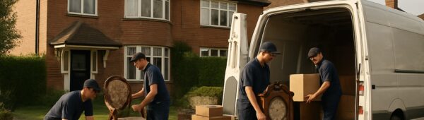 Dagenham experts loading antique furniture into vans outside suburban British home for probate clearance