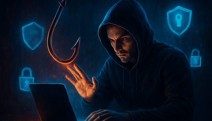 Cyberpunk user deflecting phishing hook on laptop with floating digital shields and locks