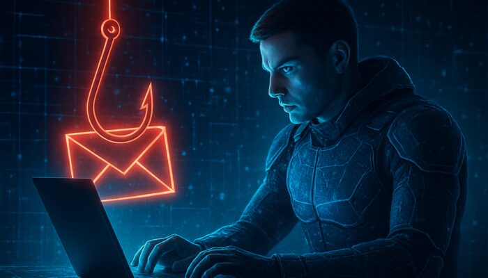 Vigilant user dodges massive phishing hook email on laptop in neon cyber realm