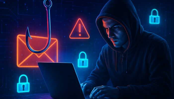 Vigilant user deflects phishing hook from email on glowing laptop in neon cyber landscape