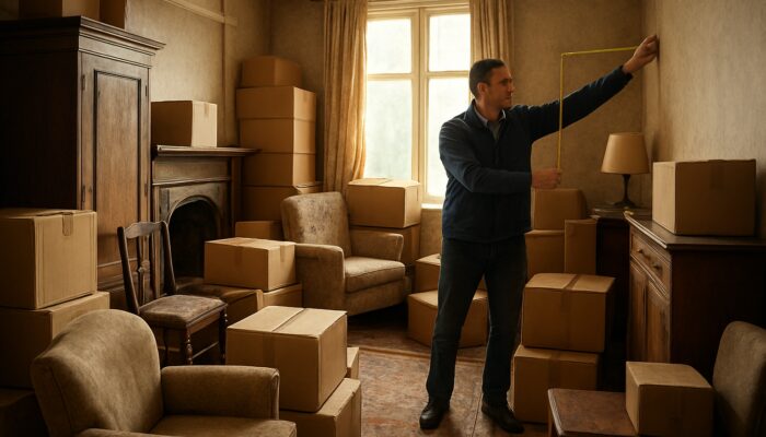 Cluttered Victorian house interior with expert measuring dimensions for UK clearance