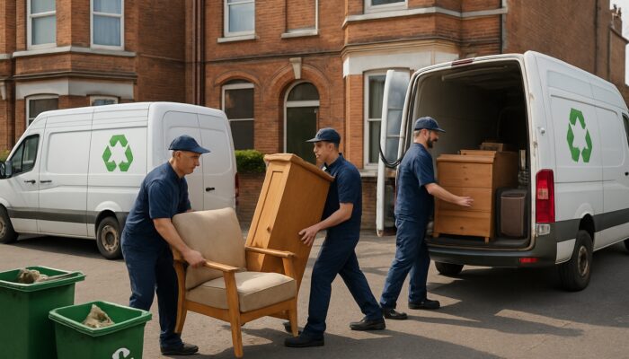 UK house clearance team loading furniture into eco-friendly vans by Victorian terrace with recycling bins