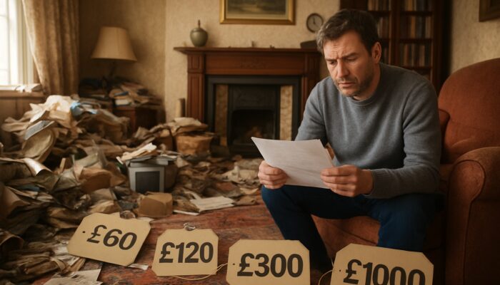 British homeowner comparing house clearance quotes in cluttered Victorian home with price tags scattered on floor