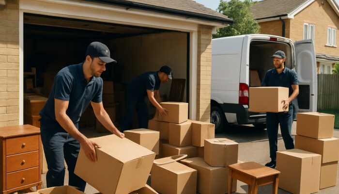 Workers clearing cluttered Barking garage, sorting boxes and furniture beside service van in daylight.