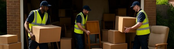Expert garage clearance team in Barking sorting furniture and boxes from cluttered suburban garage in daylight.