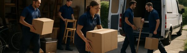 Professional team clearing cluttered Barking garage, loading boxes, tools and furniture into van on sunny afternoon.