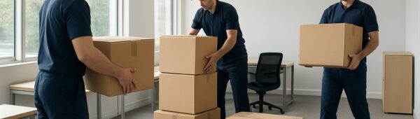 Professional movers clearing modern office in Barnet, stacking boxes and desks with precision.
