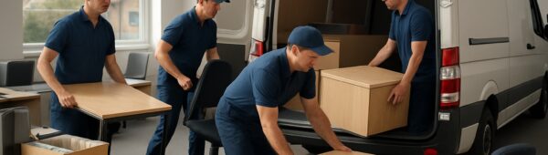 Professional team clearing Barnet office desks, chairs and files into van