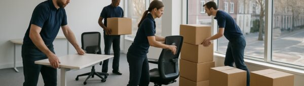 Professional crew clearing Barnet office desks, chairs and boxes by sunlit London windows