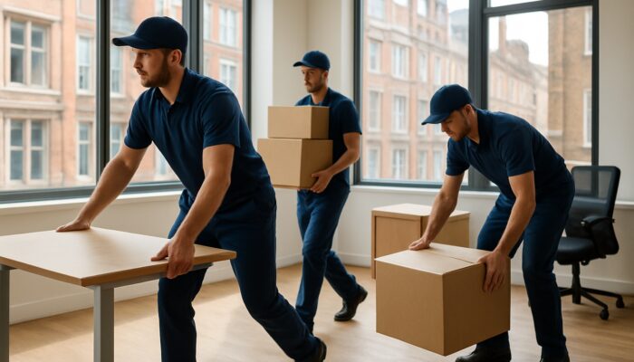 Professional movers clearing Islington office with desks, boxes, and historic London brick buildings visible.