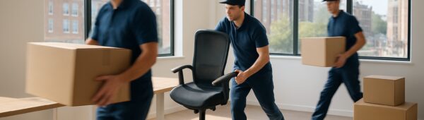Professional movers clearing desks and boxes from bright modern office in Islington London