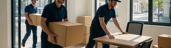 Professional movers clearing desks and boxes from a modern Islington office in London