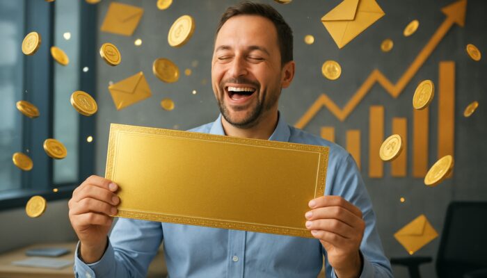 Joyful taxpayer celebrating giant golden tax refund check with raining coins and bonuses in office