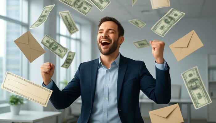 Joyful professional celebrates tax refunds and bonuses with cash in bright modern office
