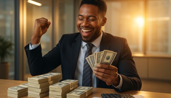 Joyful professional celebrates maximized tax refunds and bonuses with cash stacks in modern office.