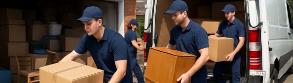 Professional crew loading boxes and furniture from cluttered Hillingdon garage into van under sunny skies.