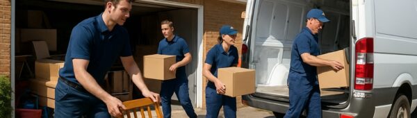 Professional team offering fast garage clearance in Hillingdon, loading furniture into van under sunny skies.