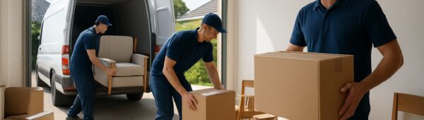 Workers clearing clutter from Hillingdon garage, loading boxes and furniture into van.