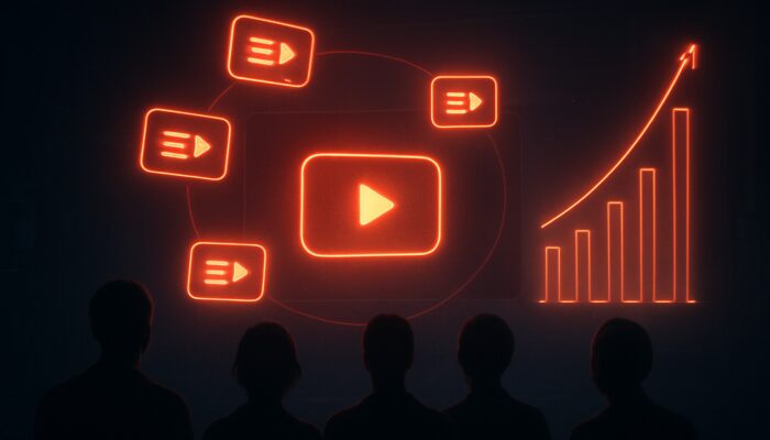 Glowing YouTube playlist icons orbiting a screen with rising retention graphs in cybernetic studio