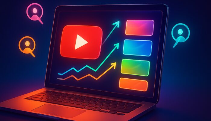 Vibrant digital illustration of glowing YouTube playlist on laptop with retention graphs and viewer icons.