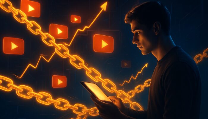 YouTube playlists as golden chains boosting audience retention with play buttons and graphs