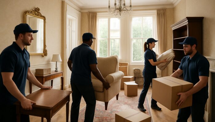 Professional team clearing furniture from ornate Victorian townhouse during property clearance in Kensington London