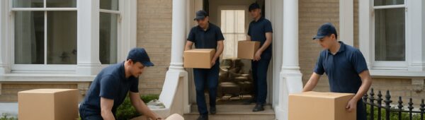 Professional team clearing clutter from Victorian townhouse in Kensington with stacked boxes.