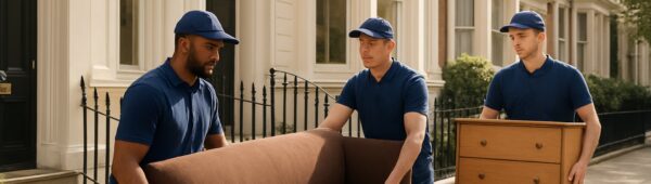 Professional team clearing furniture from Victorian townhouse in upscale Kensington London under soft sunlight