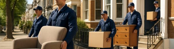 Professionals clearing furniture from Victorian townhouse on sunny Kensington street in London.
