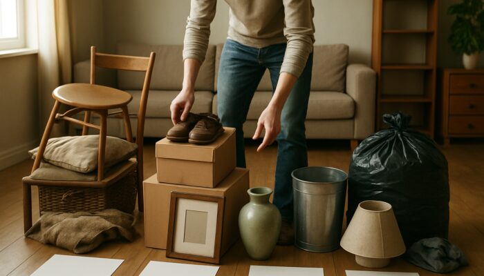 Person sorting furniture into keep, sell, and dispose piles during UK house clearance walkthrough.
