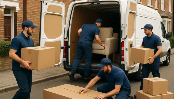 Movers loading furniture into van outside British terraced house with tape measures visible.