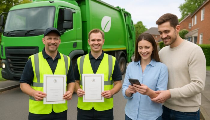 UK waste team in high-vis vests displaying carrier licences by eco truck with clients checking reviews