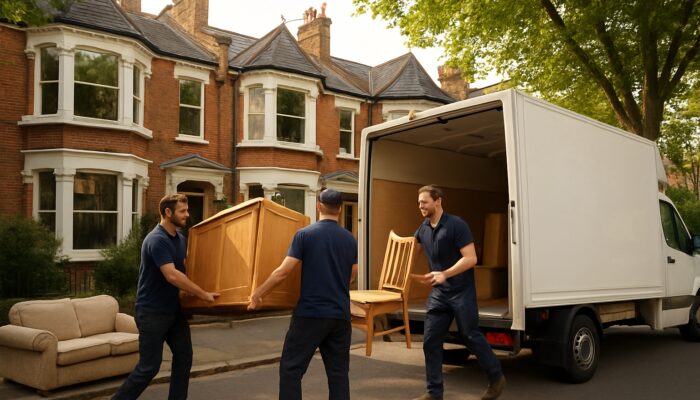 Local crew clearing Victorian house in Lewisham, loading furniture into van on leafy street.