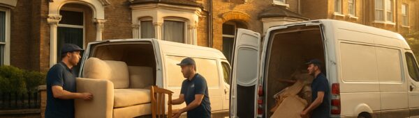 Professional clearance team loading furniture into vans outside Victorian terrace in Lewisham, London.