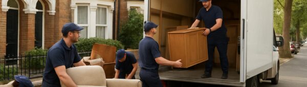 Experts clearing furniture from Victorian terraced house in Lewisham, loading items into van on leafy street.