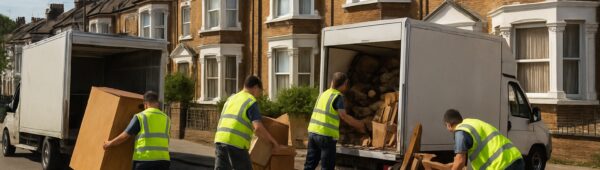 Professional clearance team loading furniture from Victorian house into vans on sunny Lewisham street