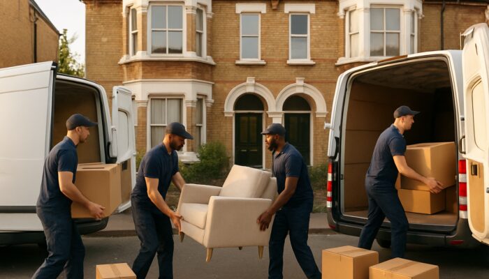 Lewisham clearance team loading furniture into vans outside Victorian terraced house.
