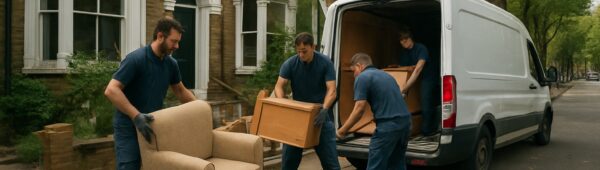 Professional team loading furniture into van during house clearance in leafy Lewisham street.