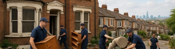 Local experts clearing furniture and debris from Victorian house in Lewisham with London skyline.