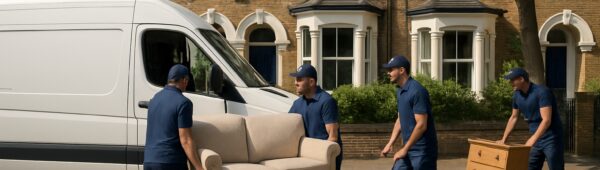 Professional clearance team removing furniture from Victorian house in Lewisham with branded van