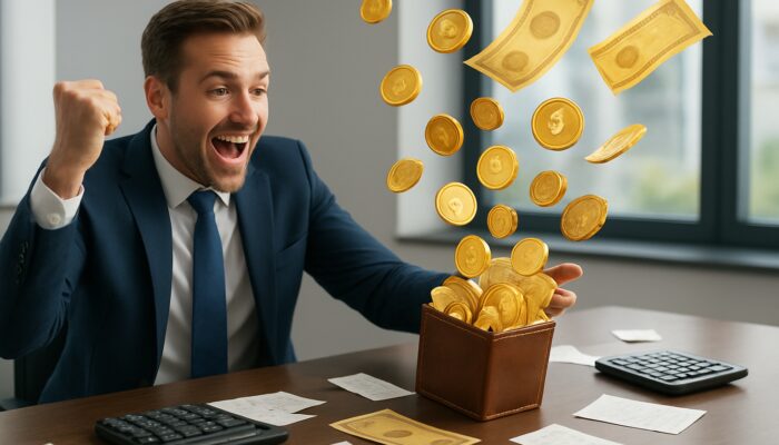 Jubilant professional at desk receiving cascading tax refunds and bonuses into overflowing wallet
