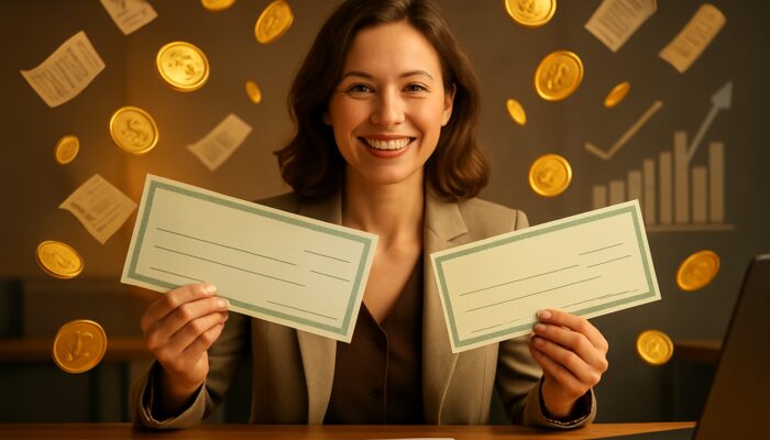 Smiling professional holds oversized tax refund and bonus checks amid floating gold coins and charts