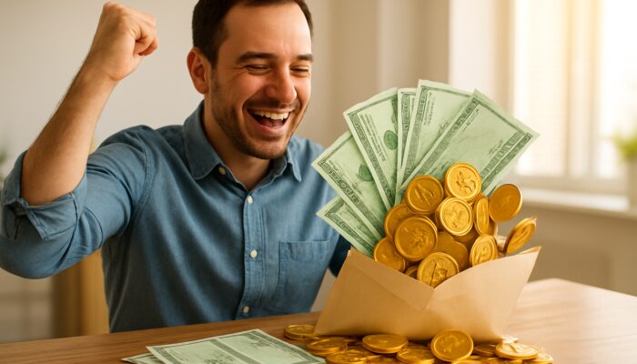 Smiling taxpayer celebrating with overflowing tax refund checks and golden bonus coins