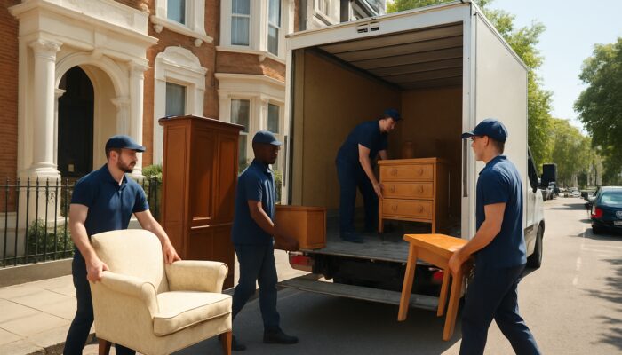Professional team providing property clearance in Kensington, loading furniture from Victorian townhouse into van