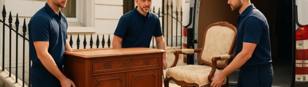 Professional movers loading antique furniture from Kensington townhouse onto van in soft sunlight