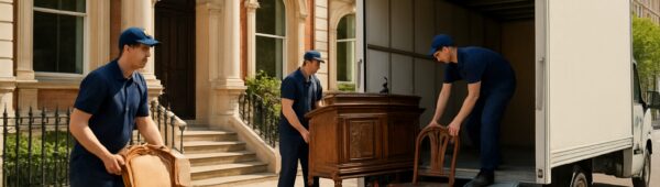 Professional crew clearing antique furniture from Victorian townhouse on sunlit Kensington street.