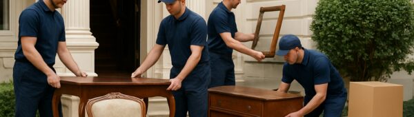 Professional team clearing antique furniture from Victorian townhouse in leafy Kensington